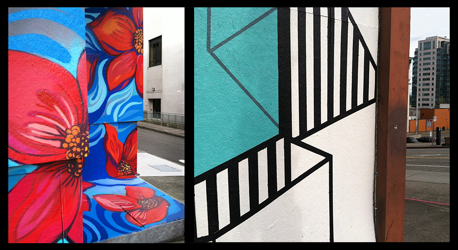 Left: detail of "Turn on Spring" by Chelsea O'Sullivan. Right: detail of "Show Your Stripes" by Diana Leigh Surma.