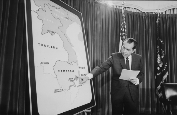 President Nixon gives a speech about expanding the war into Cambodia, April 30, 1970. United States Federal Government photograph. Public domain.